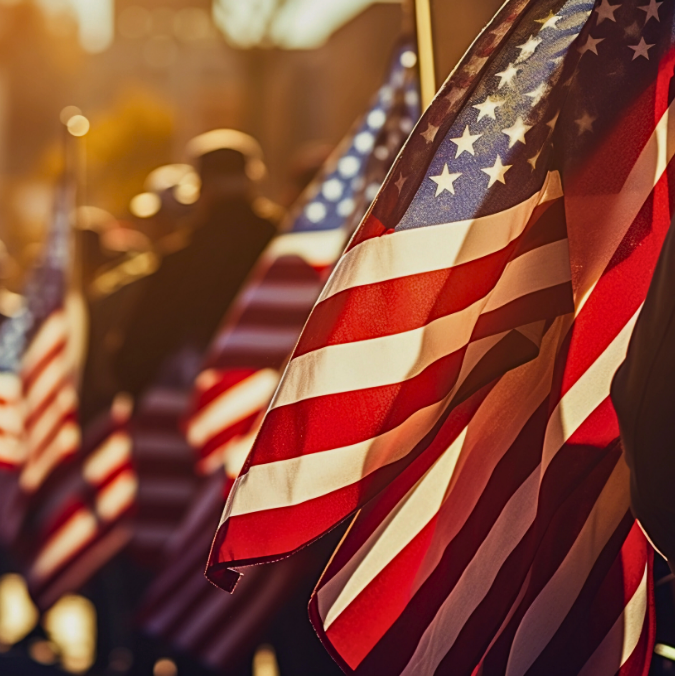 American flags at golden hour